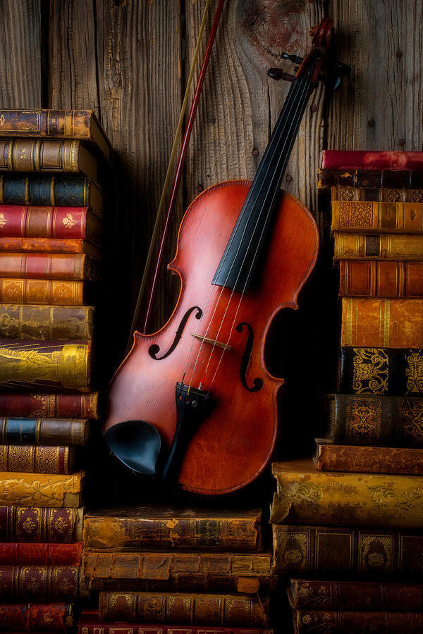 Afbeelding van viool met boeken in de achtergrond